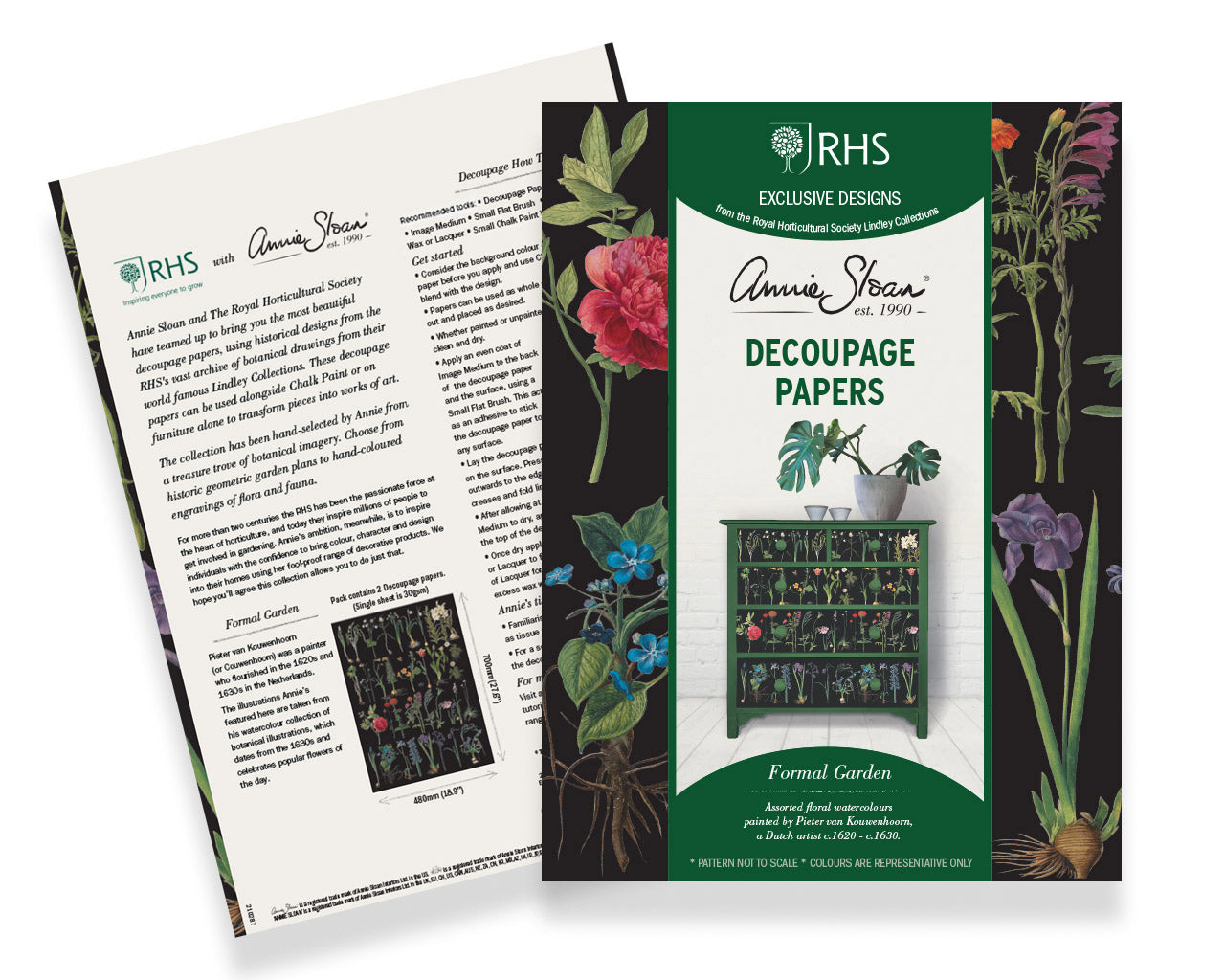 Detta decopagepapper består av komplicerad botanisk blommig som Annie Sloan har tagit fram tillsammans med Royal Horticultural Society (RHS) Decoupage Paper. 