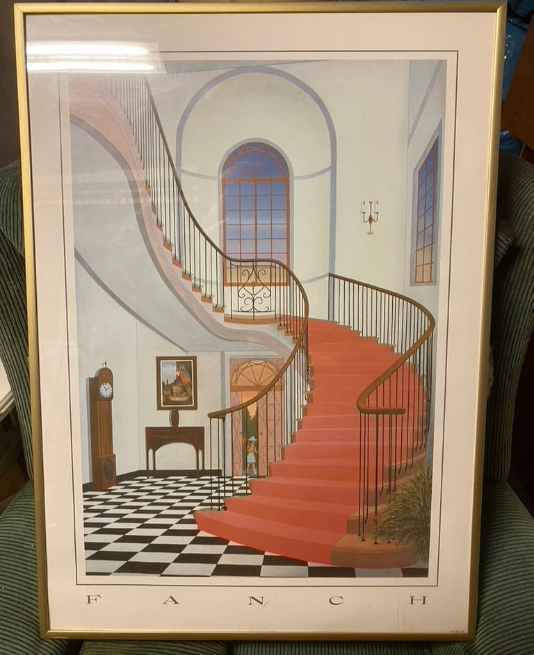 Serigrafitrycket Interior with Red Staircase av Fanch Ledan är ett framstående exempel på hans signaturstil, som han kallar "Interiorscapes".