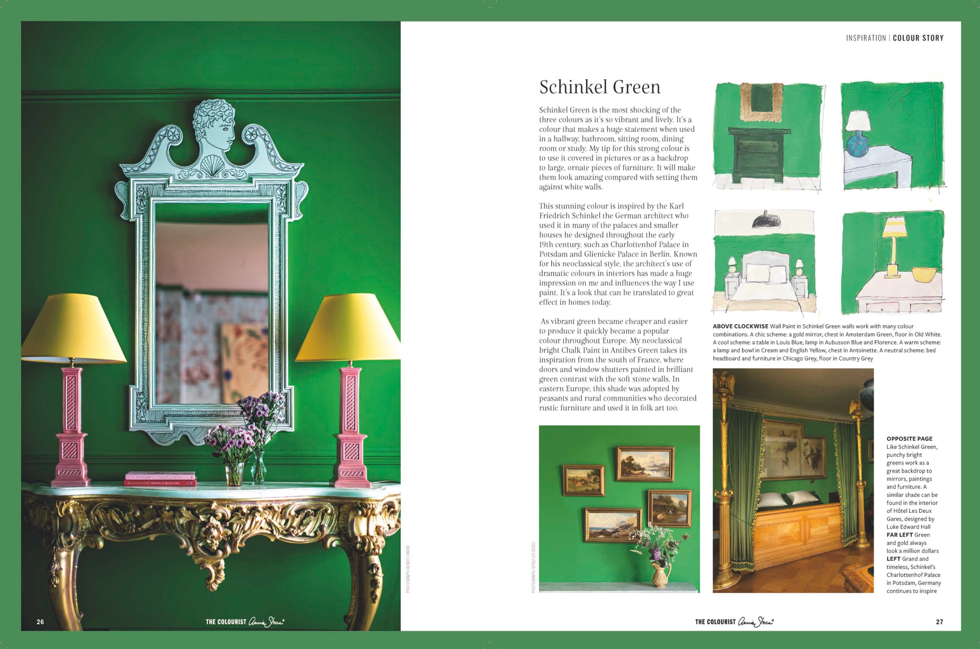  Temat är "Going Green" och innehåller stjärnsvängar från Annies nya Annie Sloan Wall Paint-färger Knightsbridge Green, Schinkel Green och Chalk Paint™ i Firle i magasinet The Colourist från Annie Sloan.