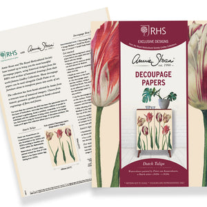 Holländska tulpaner på decoupagepapper, är färgglatt stiliserade av Annie Sloan tillsammans med Royal Horticultural Society (RHS) Decoupage Paper. 