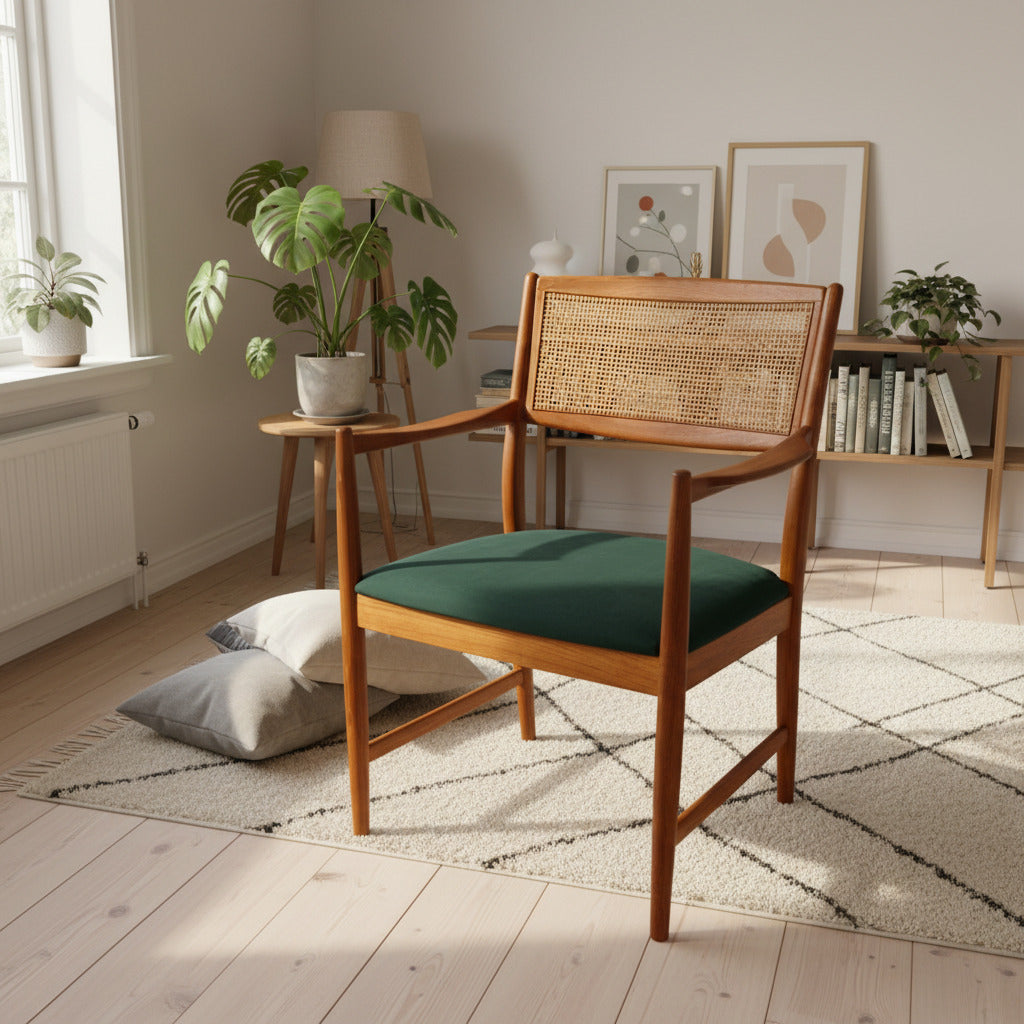 Charmig karmstol från Skaraborgs Möbelindustri i Tibro, tillverkad under 1950–60-talet. 