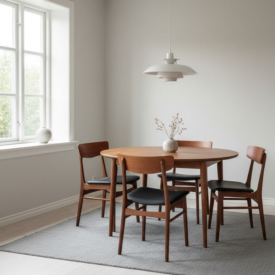 De vackert ådrade ryggstöden i teak ger värme och karaktär, medan de svarta sitsarna skapar en stilren kontrast.