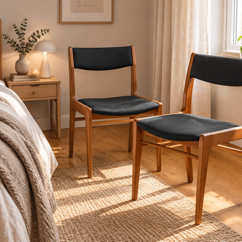 Två danska matstolar i teak med originalklädsel