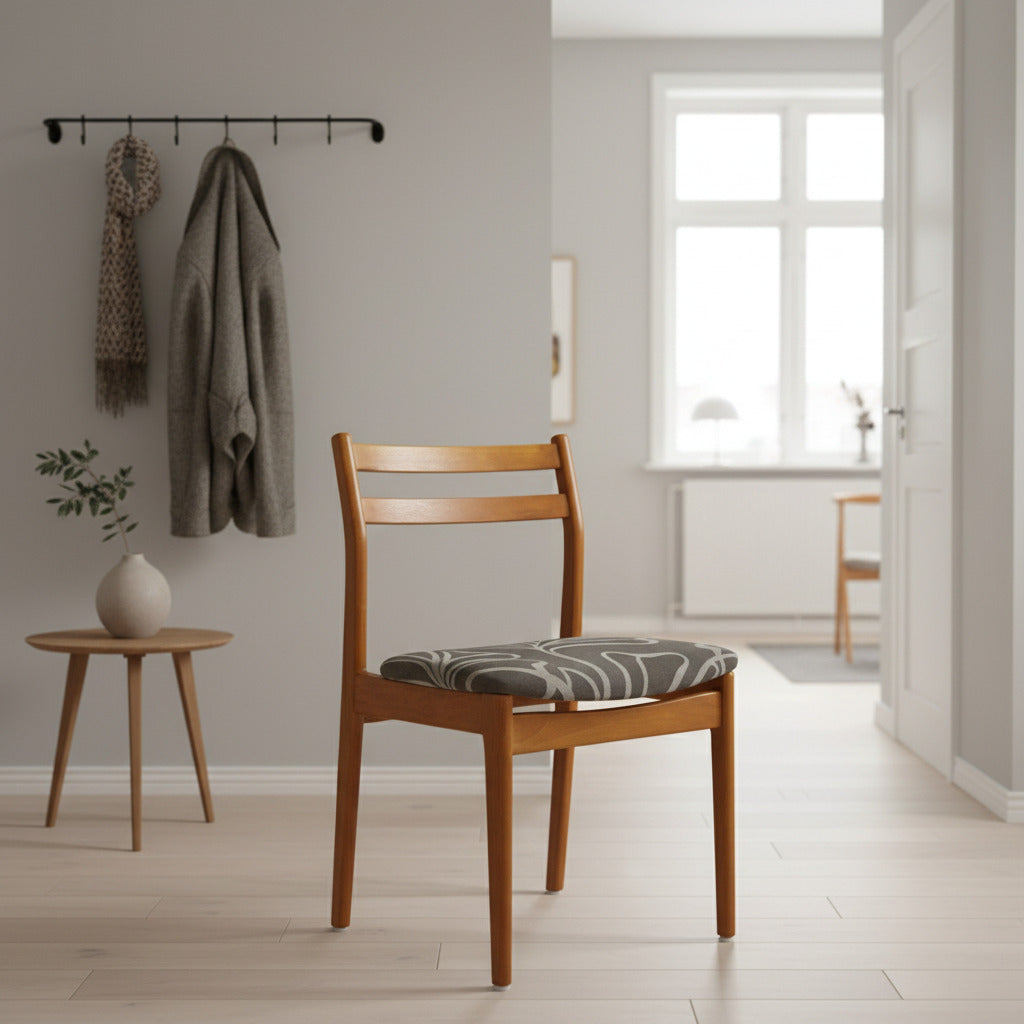 En lättplacerad dansk stol från 60-talet i bok med ny klädsel.