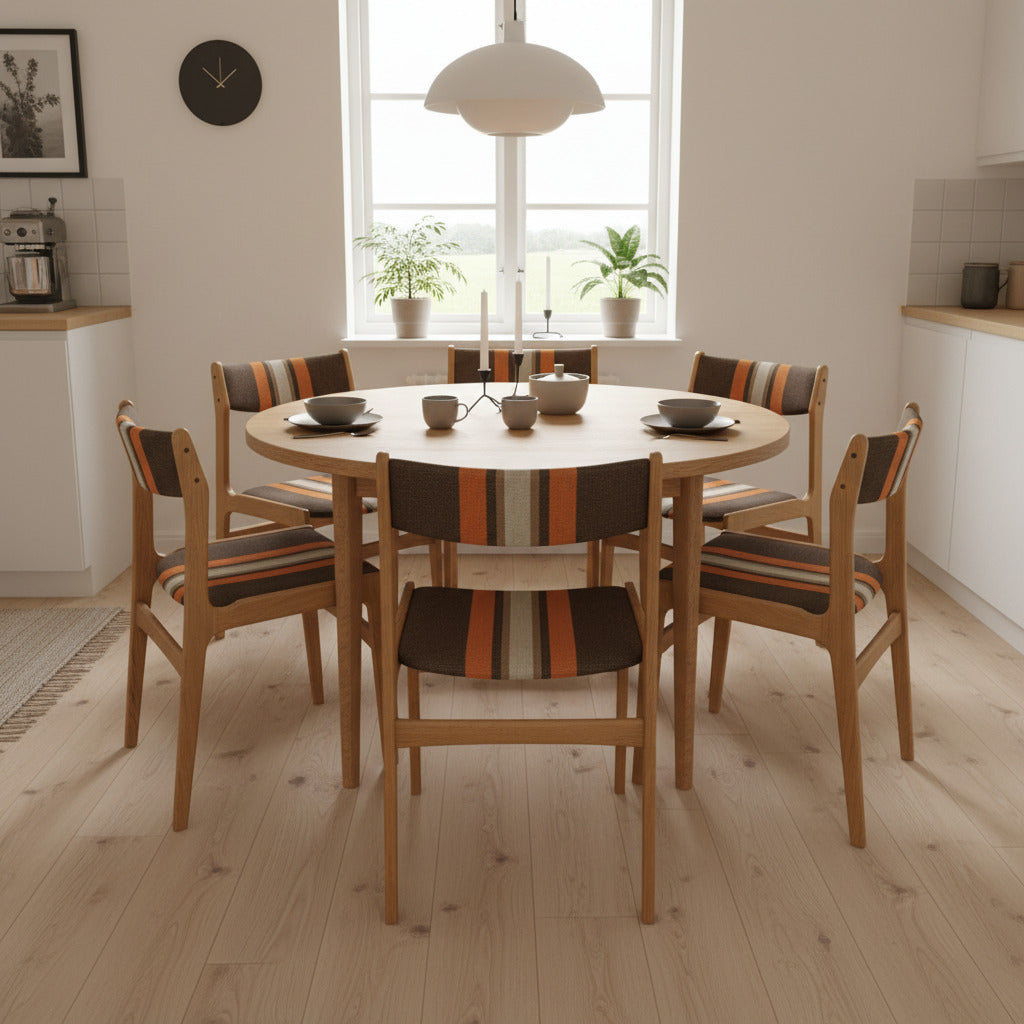En uppsättning om sju danska matstolar designade av Erik Buch, från omkring 1950-/60-talet tillverkade i ljus ek.