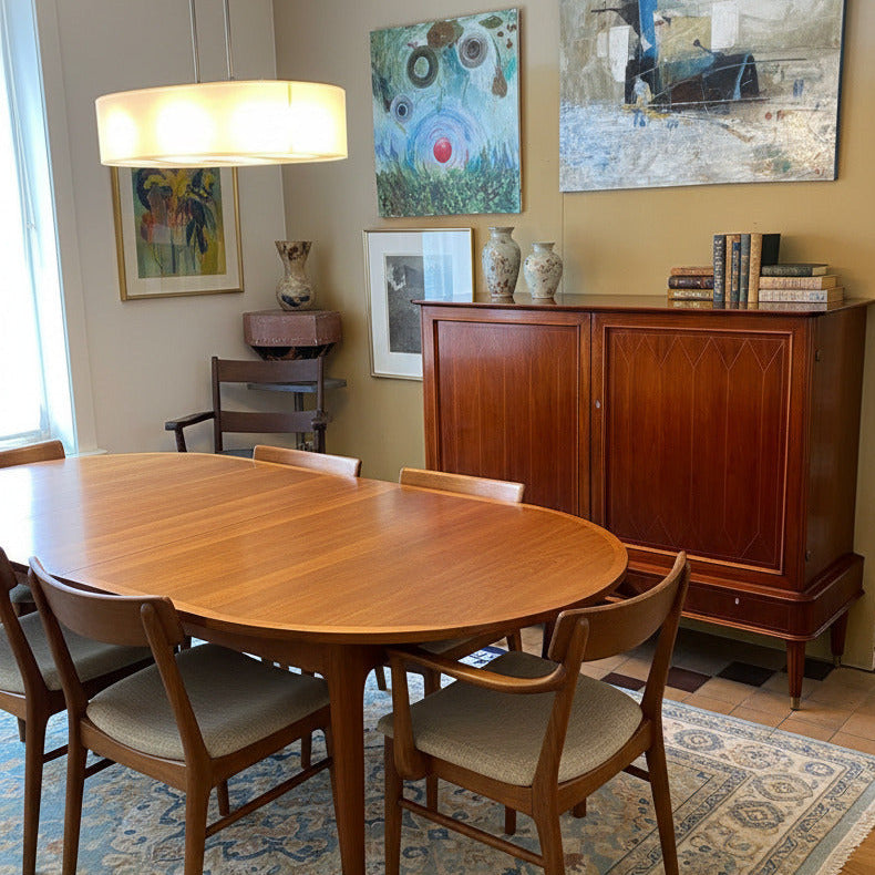 Kabinettsskåp med tidlös elegans och utsökta detaljer. Skåpet är fanerat i varm mahognyton och pryds av diskret geometrisk intarsia som ger möbeln karaktär utan att ta över.
