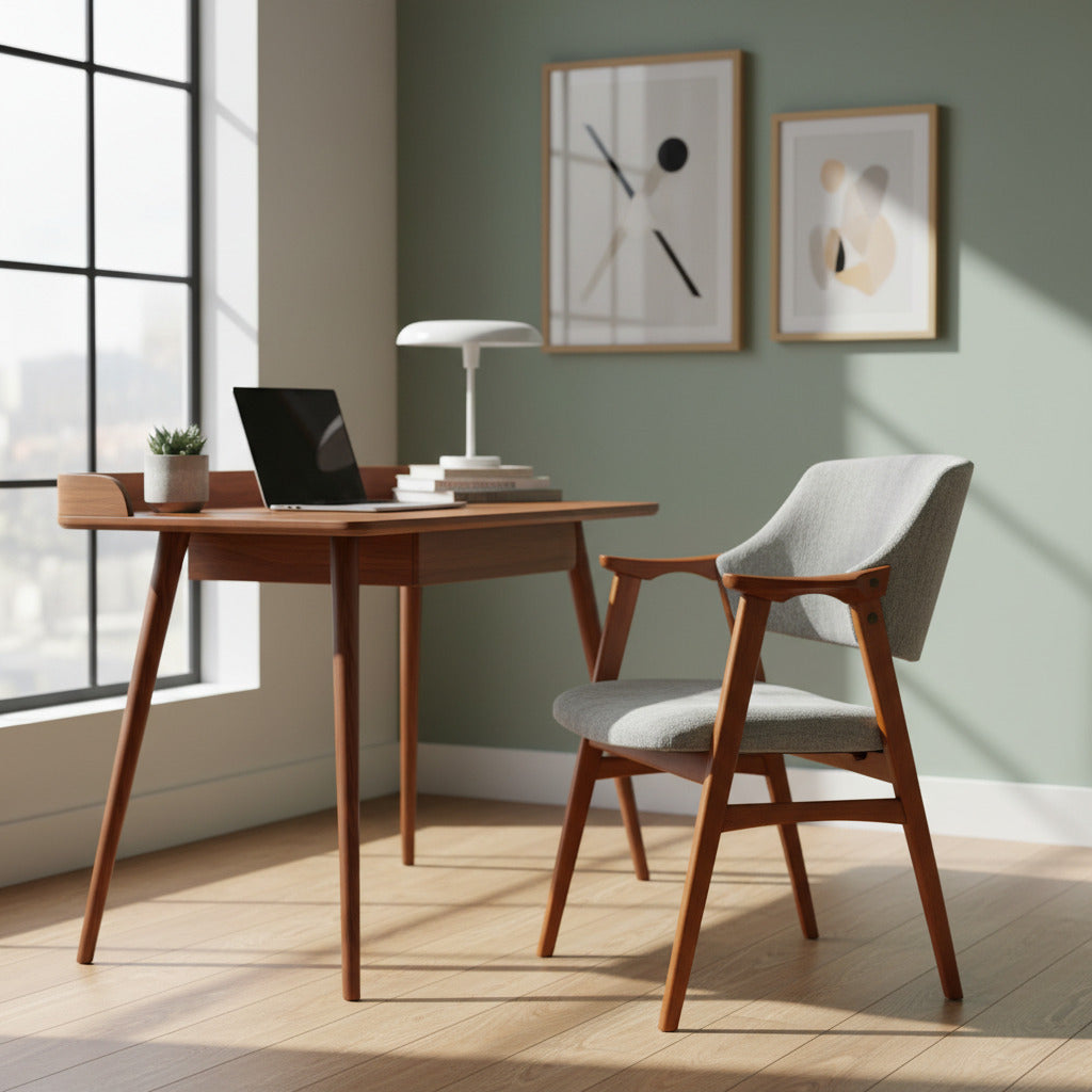 Skandinavisk design från 1950–60-talet på stolen som är omklädd i nytt möbeltyg.