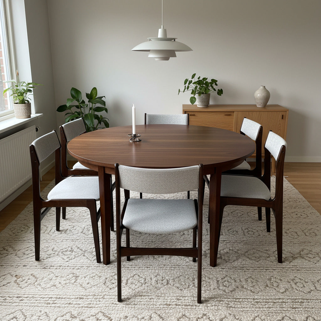 Stolarna, designade av Erik Buch,  har en bekväm sittkomfort med en vackert svängd rygg som följer kroppen och en mjukt formad sits.
