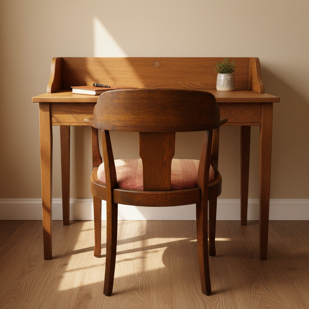 Stolen med tidlös form och gediget hantverk har varsamt renoverats av GRETRO där träet har fått nytt liv och sitsen klätts om i ett elegant möbeltyg i varma rödbruna toner som harmonierar fint med den vackra eken.