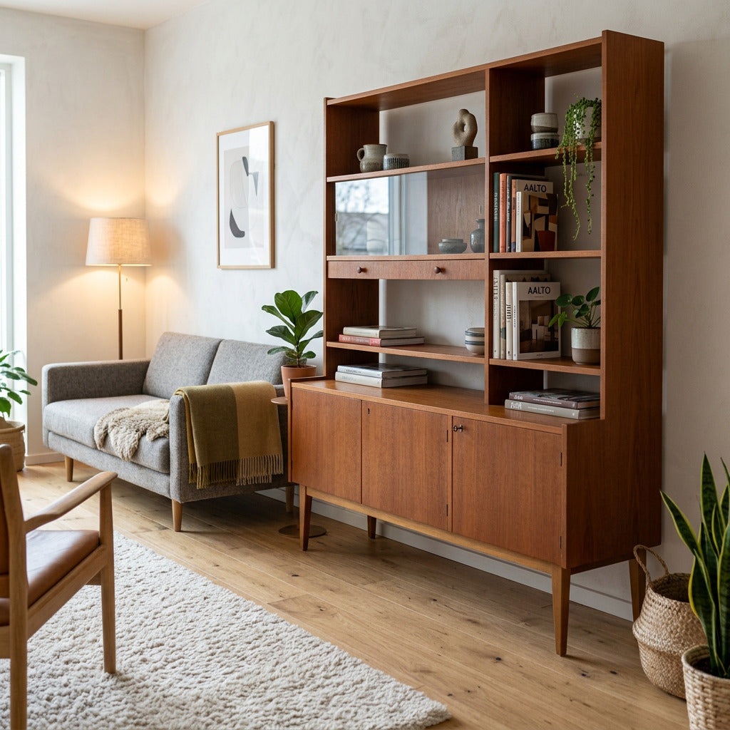 Teakhylla med praktisk förvaring placerad via AI i ett vardagsrum.