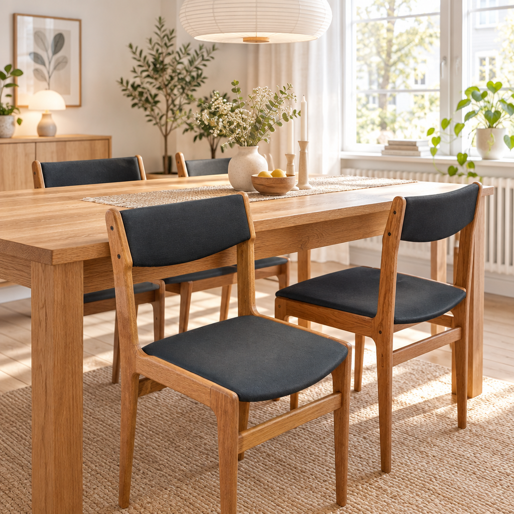Två danska matstolar i teak med originalklädsel